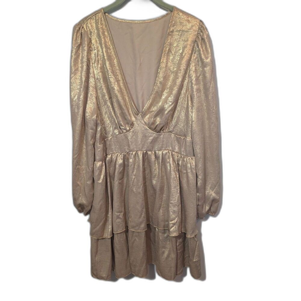 Shein Plus 2XL Gold Metallic V-Neck Tiered Mini Dress  Long Sleeves NWOT